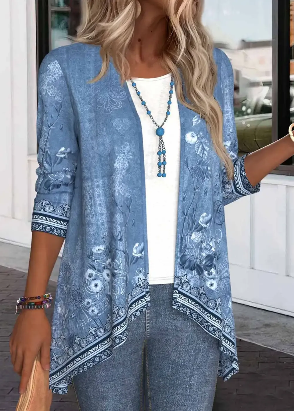 Denim Blue Patchwork Floral Print Long Sleeve Light Cardigan