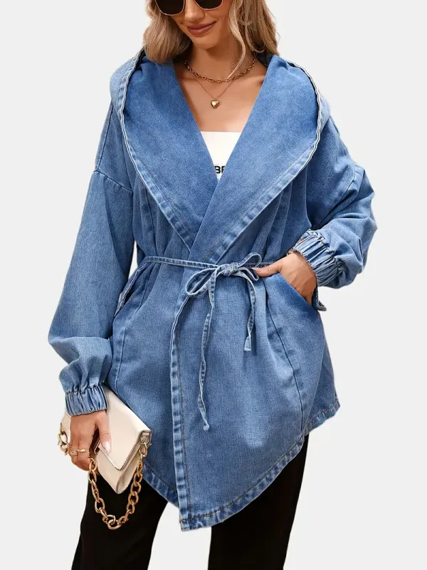 Stylish Denim Hooded Jacket - Elastic Band Cuff, Belted Closure, Non-Button Design, Comfortable Fit
