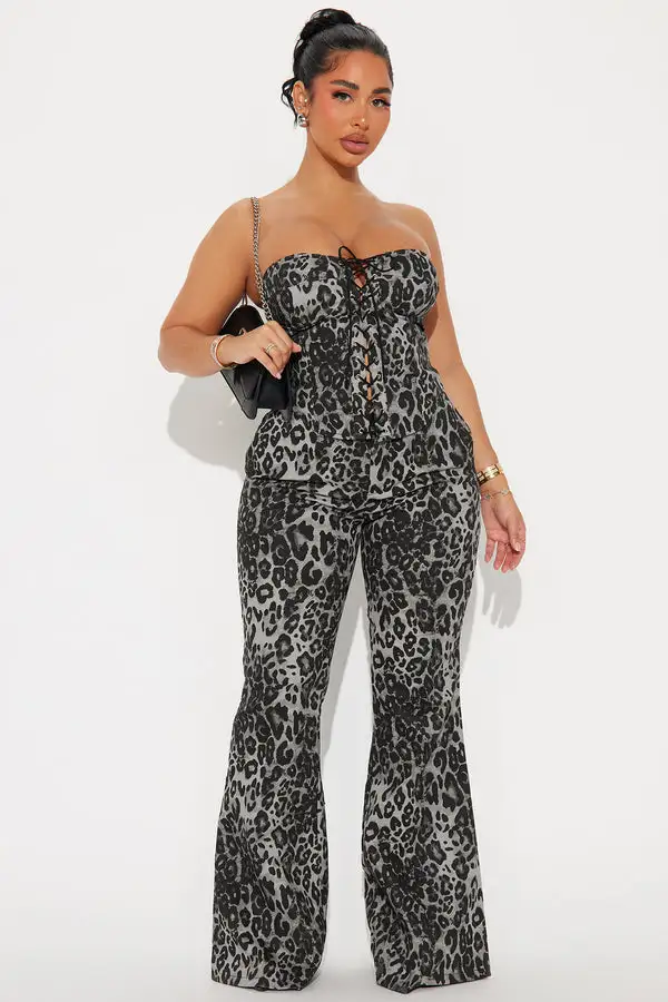 Lucid Leopard Croset Top Pant Set - Charcoal/combo
