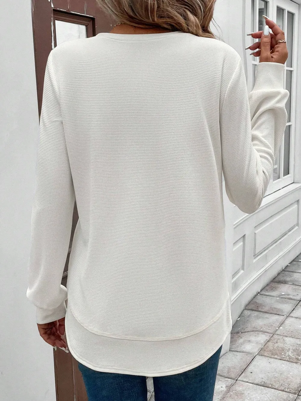 Women's Basic Style Asymmetrical Hem Waffle Texture Casual Comfortable Sweatshirt