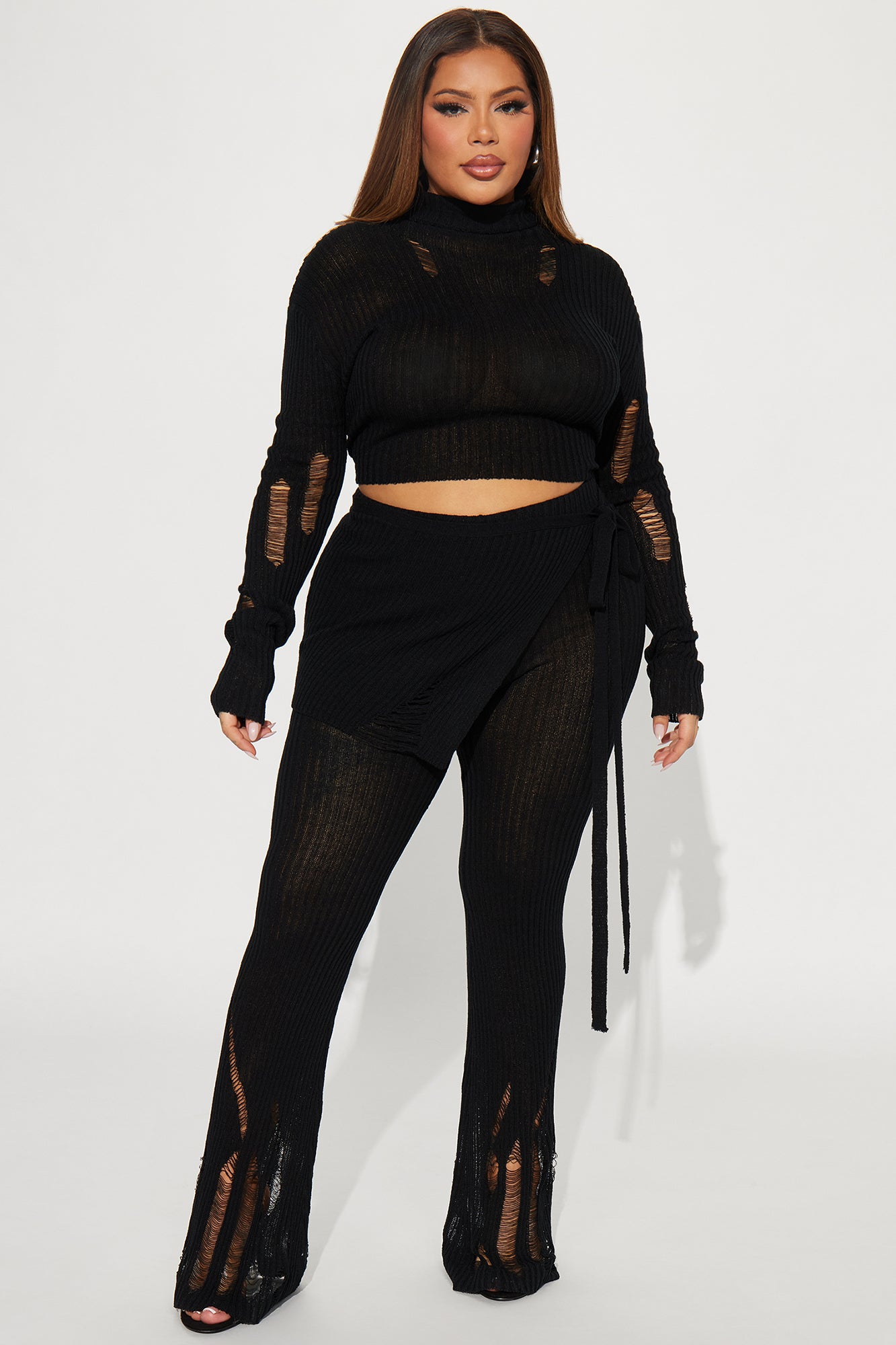 Influential 3 Piece Sweater Knit Pant Set - Black