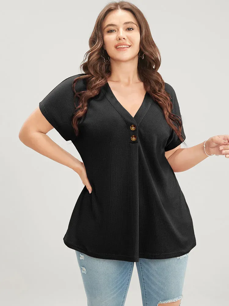 Solid Dolman Sleeve Button Detail Waffle Knit T-shirt