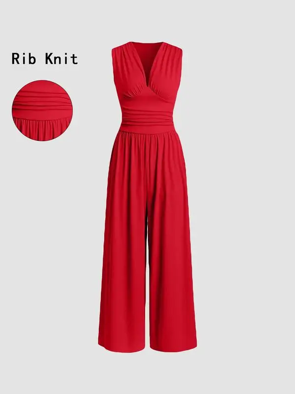 Women's Sleeveless Ruched V-Neck Ribbed Jumpsuit – Minimalist Wide-Leg One-Piece