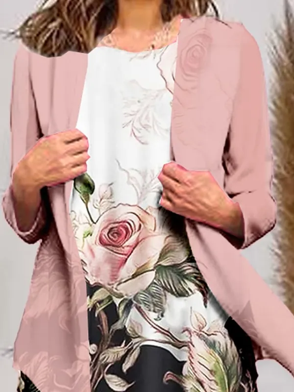 Women's Two Piece Dress Set Work Dress Dress Set Office Work Fashion Work Print Midi Dress Crew Neck Long Sleeve Floral Regular Fit Pink Summer Spring S M L XL XXL