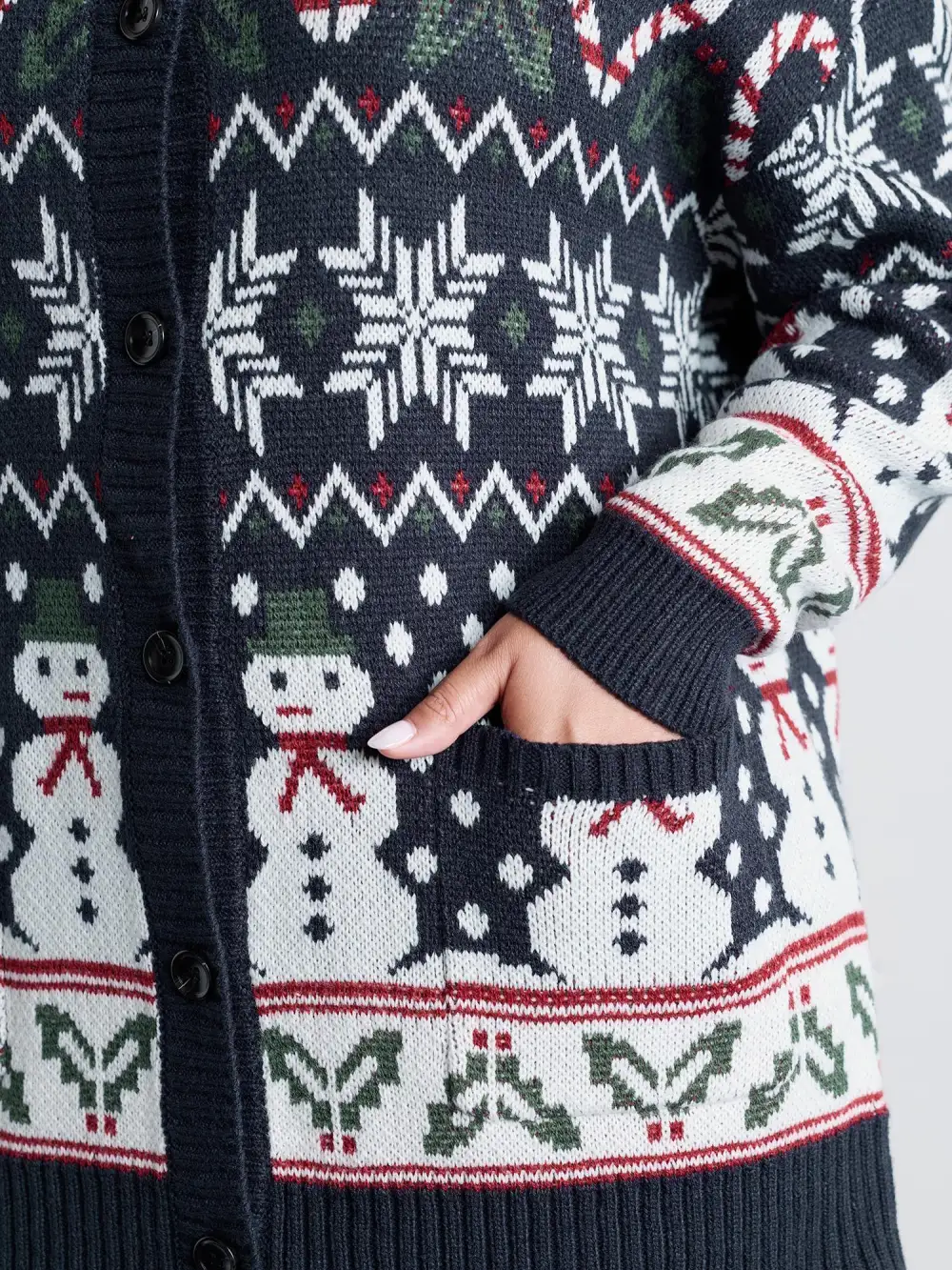 Snowman Holiday Jacquard Pockets Knit Cardigan