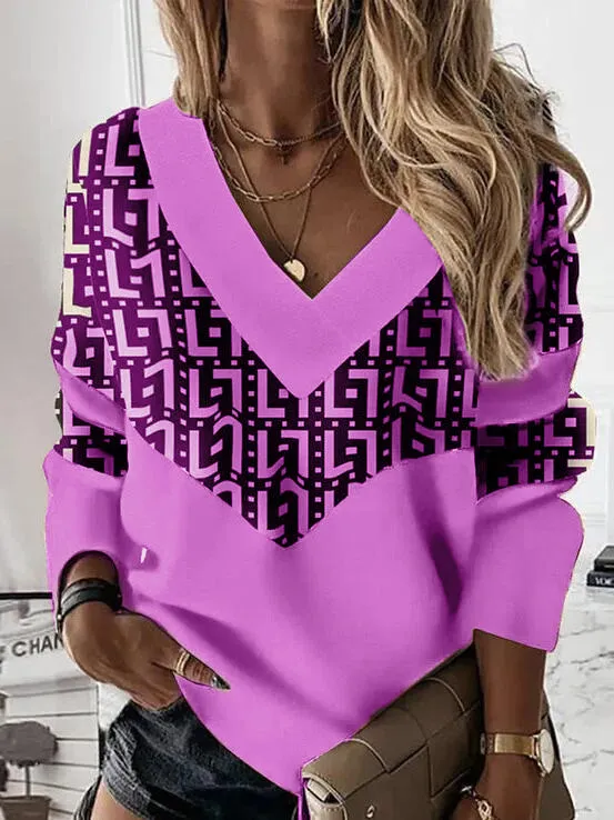 Geometric Print Patchwork Casual Loose Sweatshirt