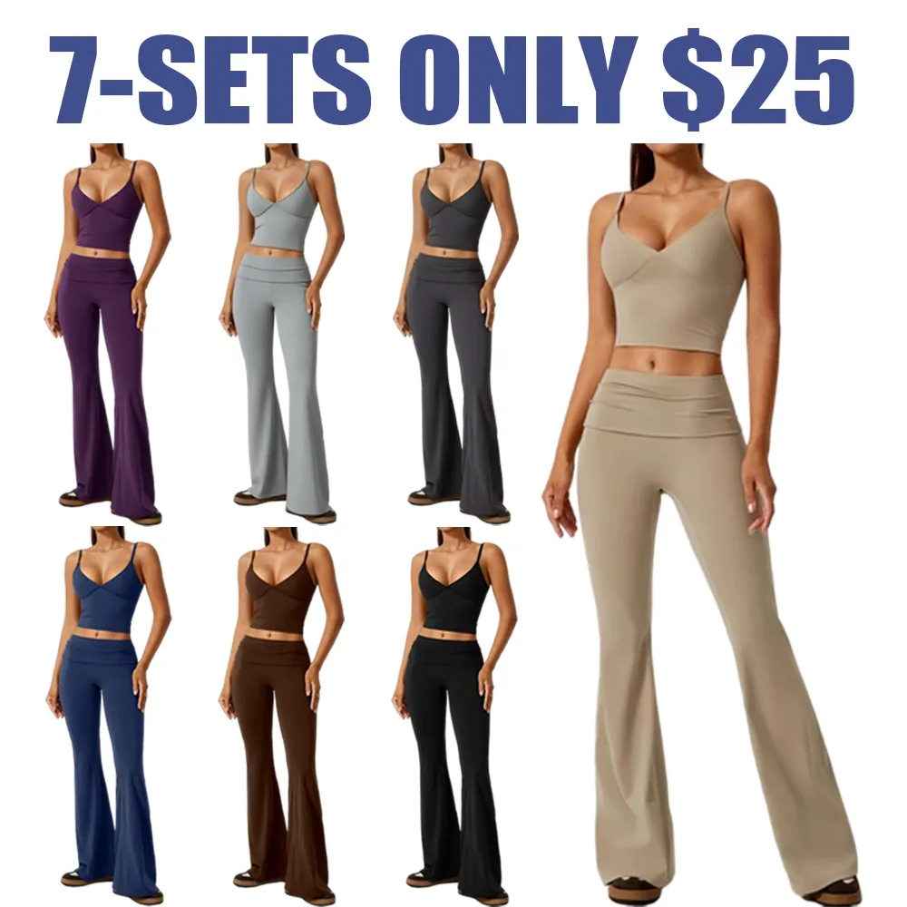 Women's 2-Piece Deep V Crop Cami & Flared Pants Set: Back Hollow-Out, Butt-Lifting, for Yoga/Gym, Athletic Activewear