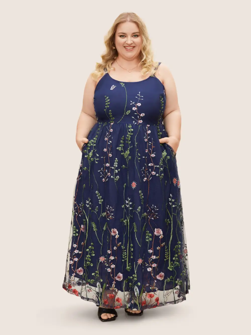 U Neck Floral Embroidered Mesh Cami Dress