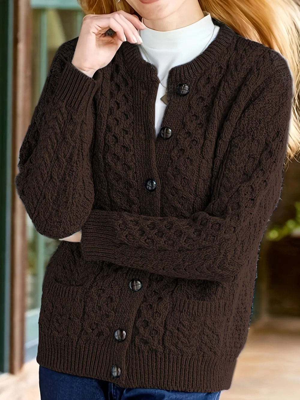 Cozy Chic Cardigan - Soft Knit, Crew Neck, Long Sleeve, Pocket Detail, Casual Women's Sweater for Everyday Wear