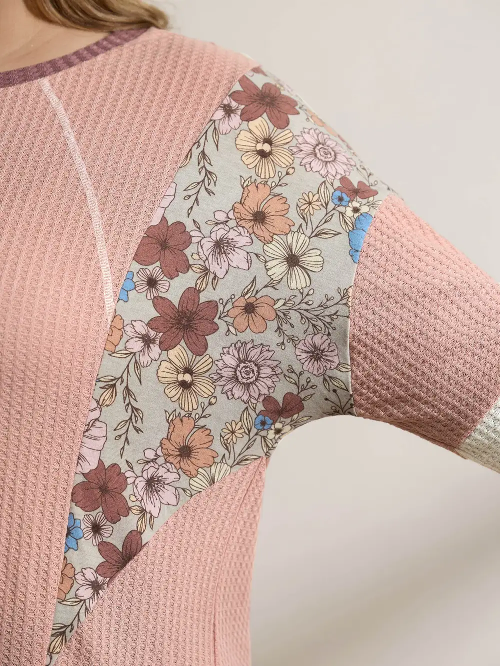 Floral Colorblock Waffle Round Neck Sweatshirt