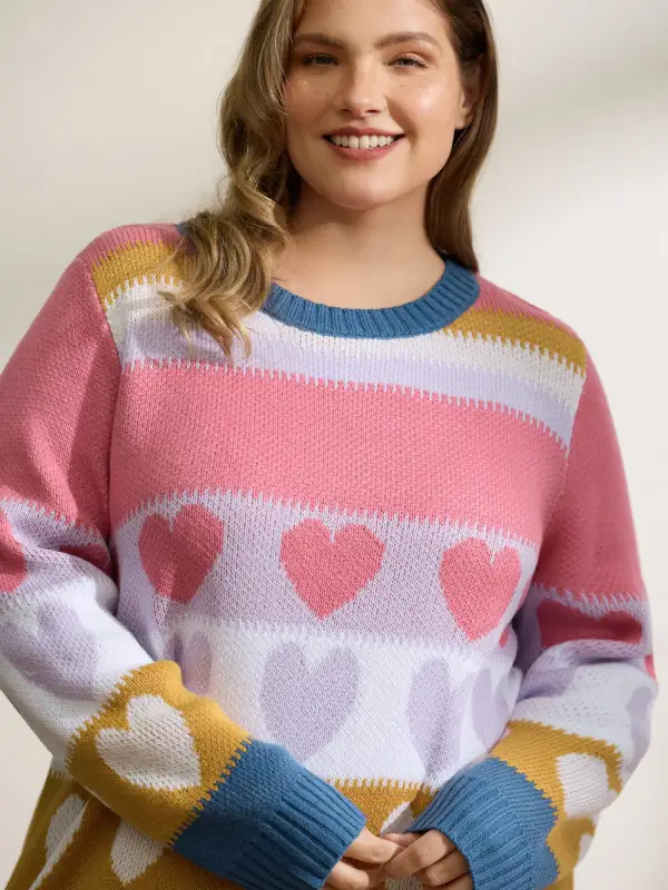 Colorful Hearts Jacquard Pattern Pullover