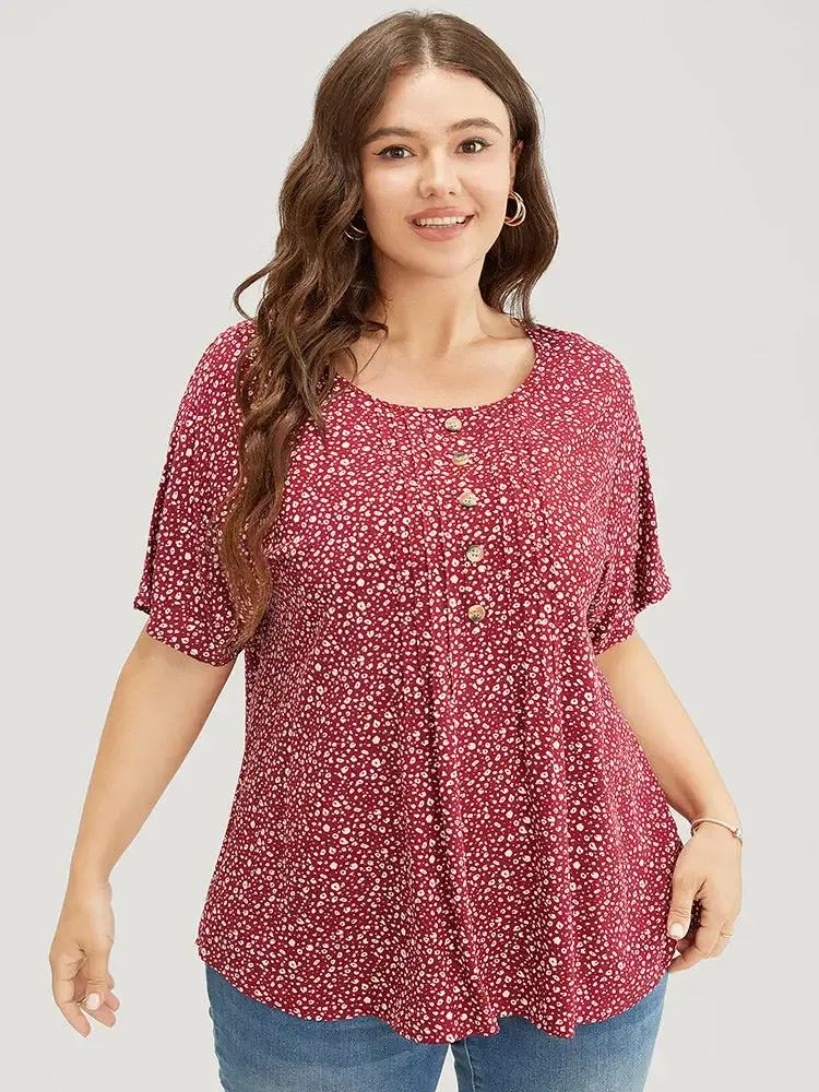 Ditsy Floral Pleated Front Button Detail Blouse
