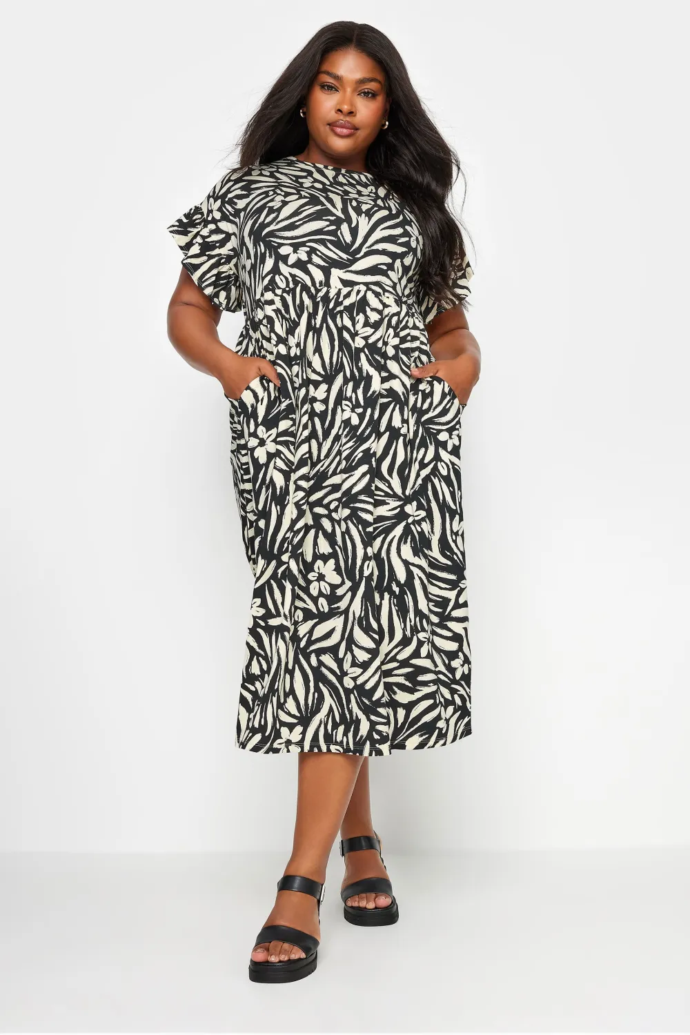 YOURS Curve Black Pure Cotton Frill Sleeve Midaxi Dress