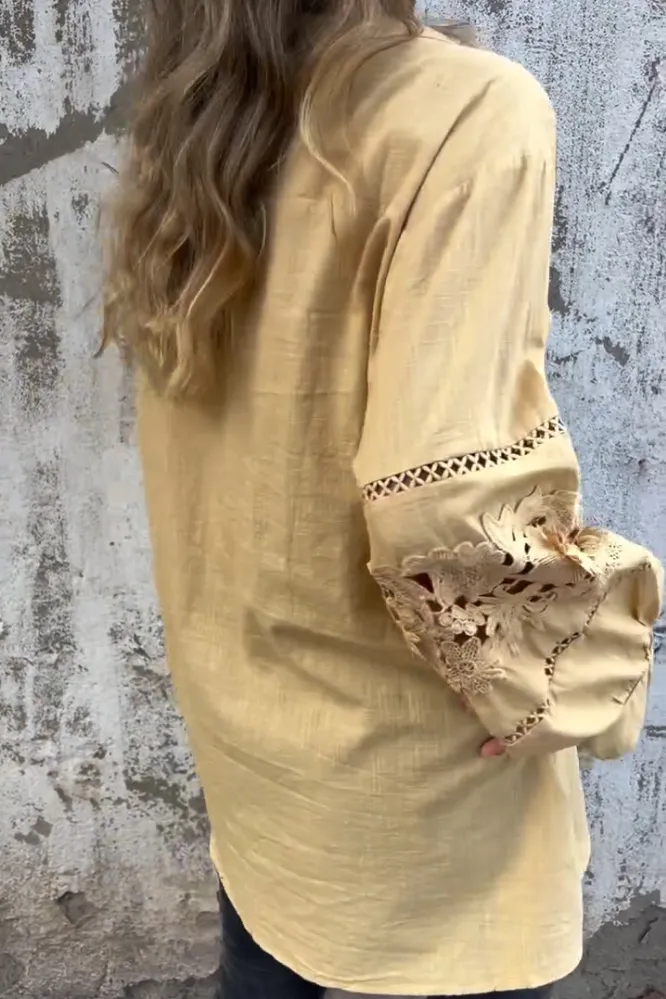 Women's Cotton And Linen Hollow Flower Pattern Shirt