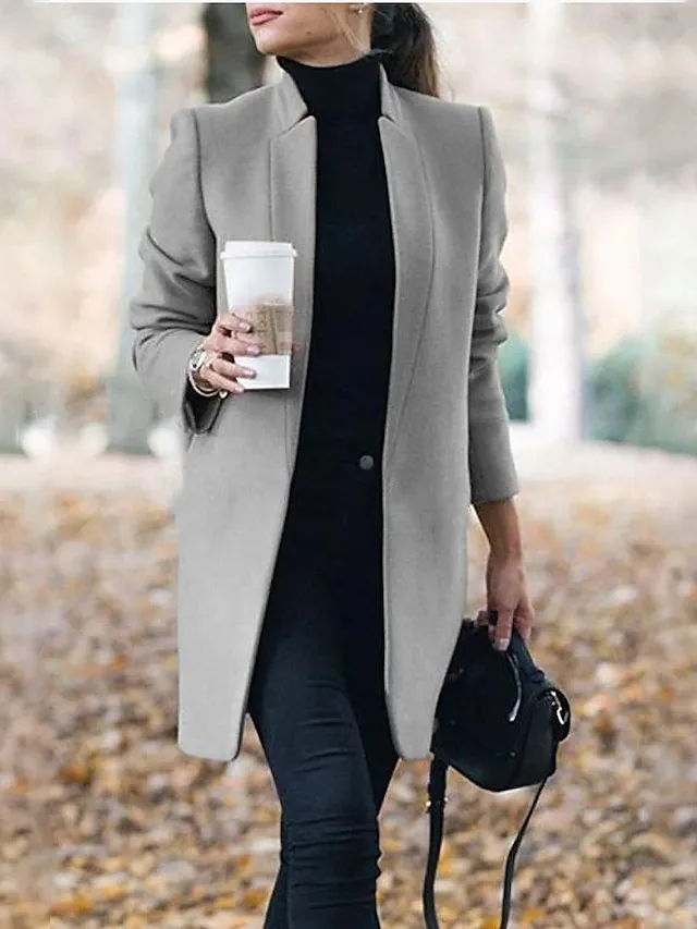 Women's Pea Coat Winter Coat Open Front Stand Collar Trench Coat Fall Warm Windproof Overcoat Christmas Jacket caramel colour