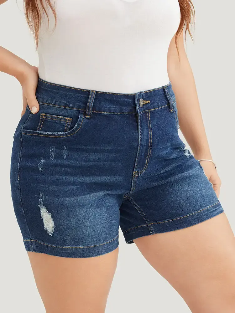 Moderately Stretchy High Rise Dark Wash Distressed Denim Shorts