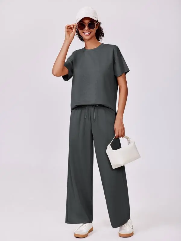 2 Piece Tracksuit for Womenswear Soft Short Sleeve Outdoor Wide Adjustable Leg Pockets Pants Lounge Matching Travel