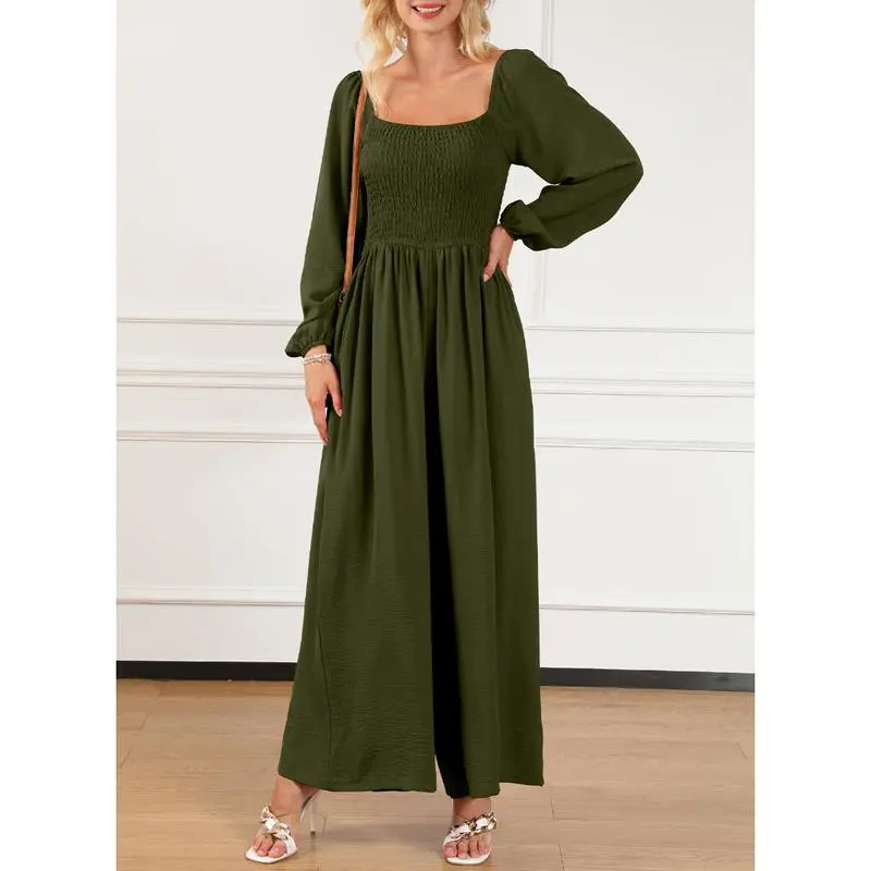 Women's Casual Loose Long Sleeve Wide Leg Jumpsuit with Pockets