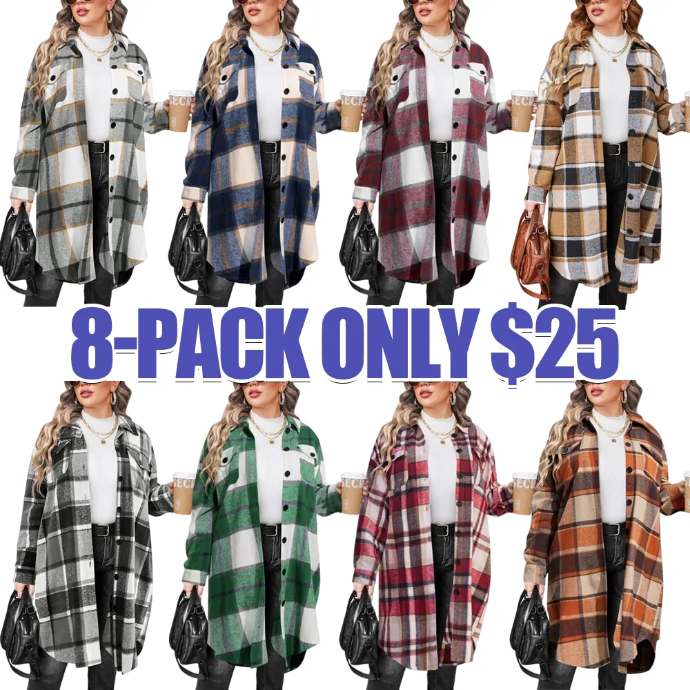 Womens Plus Size Flannel Plaid Shirts Long Sleeve Lounge Lapel Boyfriend Button Down Tartan Long Jacket Coats