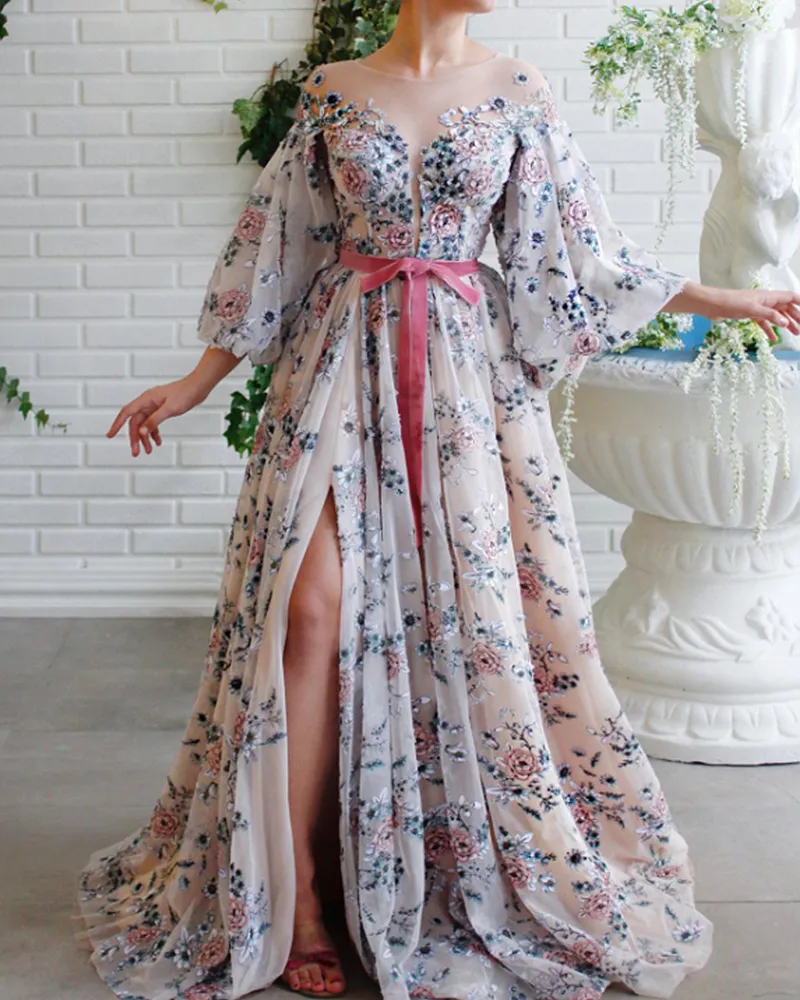 evening gown slit tulle embroidered maxi dress