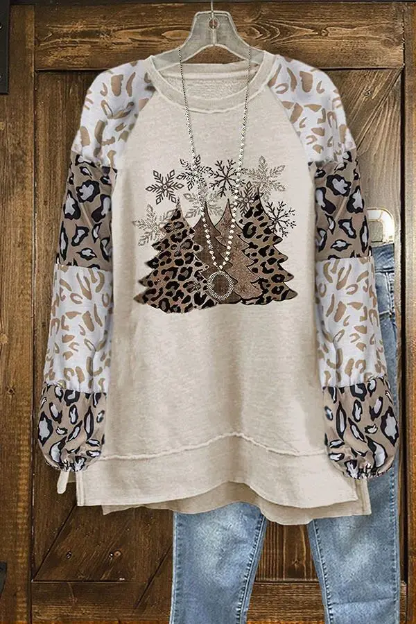 Vintage Leopard Christmas Tree Print Sweatshirt