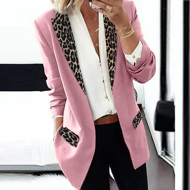 Lapel Collar Long Sleeve Leopard Regular Loose Blazer For Women