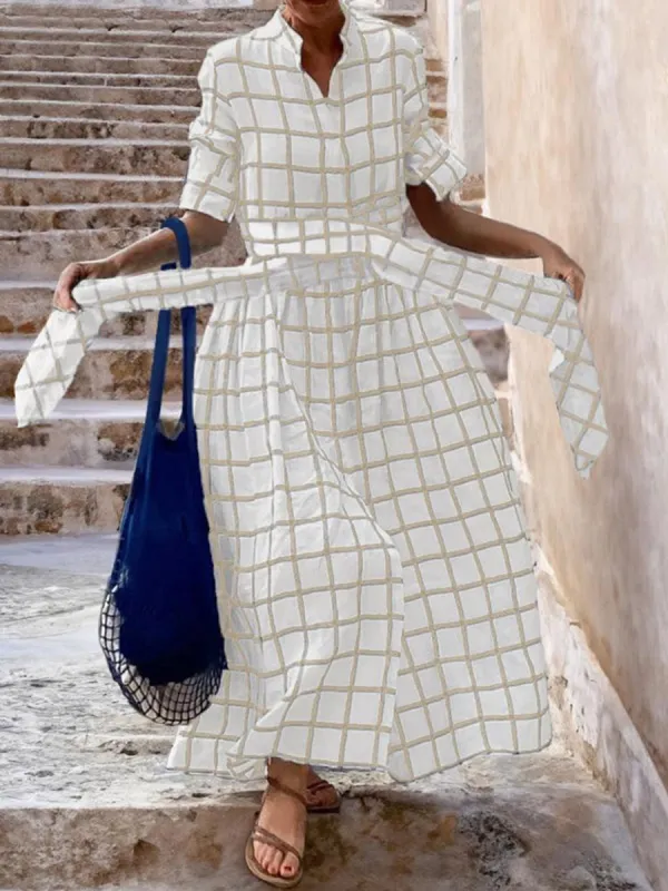 Ladies Casual Tie Plaid Maxi Dress