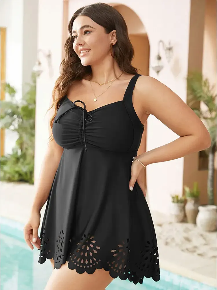 Laser Cut Ruched Drawstring A Line Swim Dress