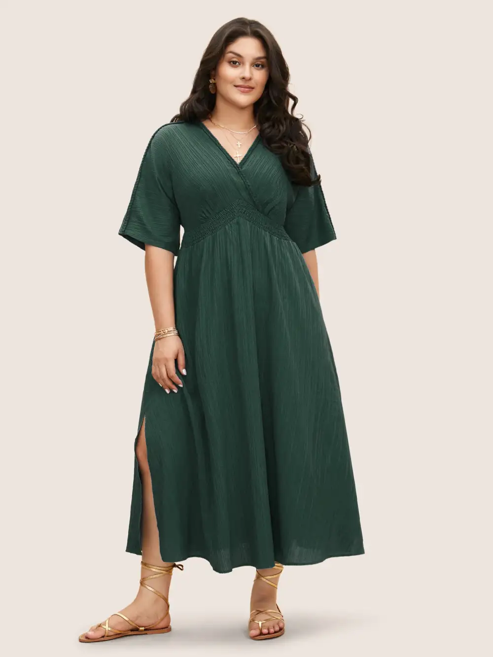 V Neck Shirred Contrast Webbing Split Side Dress