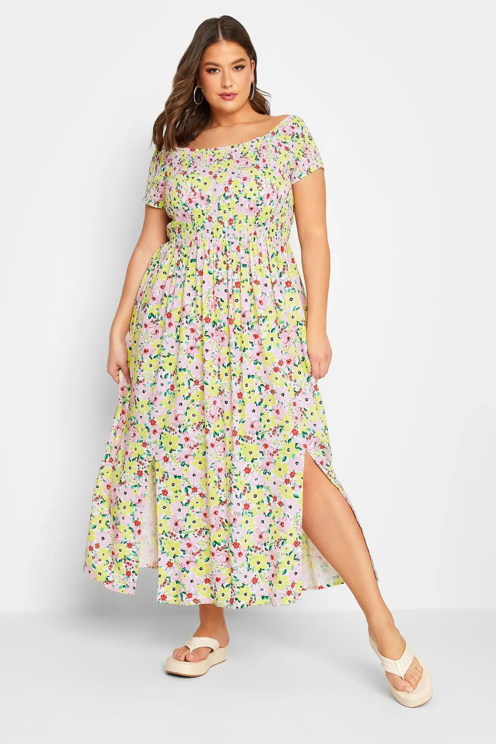 YOURS Curve White Floral Print Shirred Maxi Dress