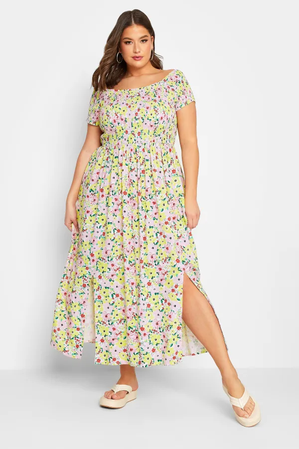 YOURS Curve White Floral Print Shirred Maxi Dress