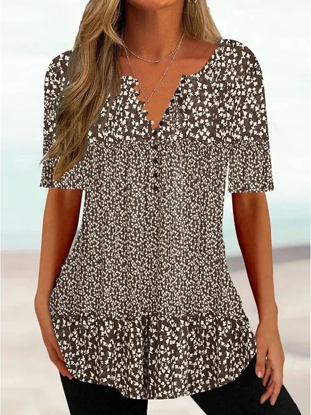 Women's T shirt Tee Henley Shirt Floral Holiday Weekend White Pink Blue Button Print Short Sleeve Tunic Basic Round Neck Regular Fit