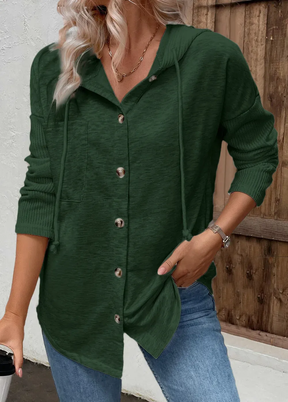 Green Patchwork Long Sleeve Hoodie
