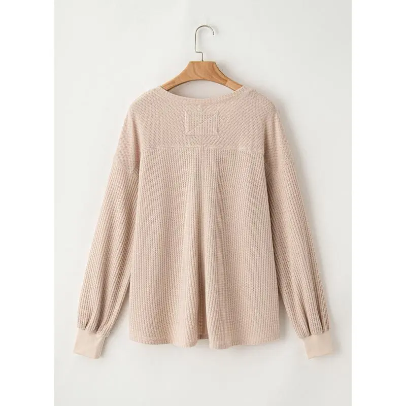 Women's Waffle Knit Top – V-Neck Oversized Lantern Sleeve Blouse