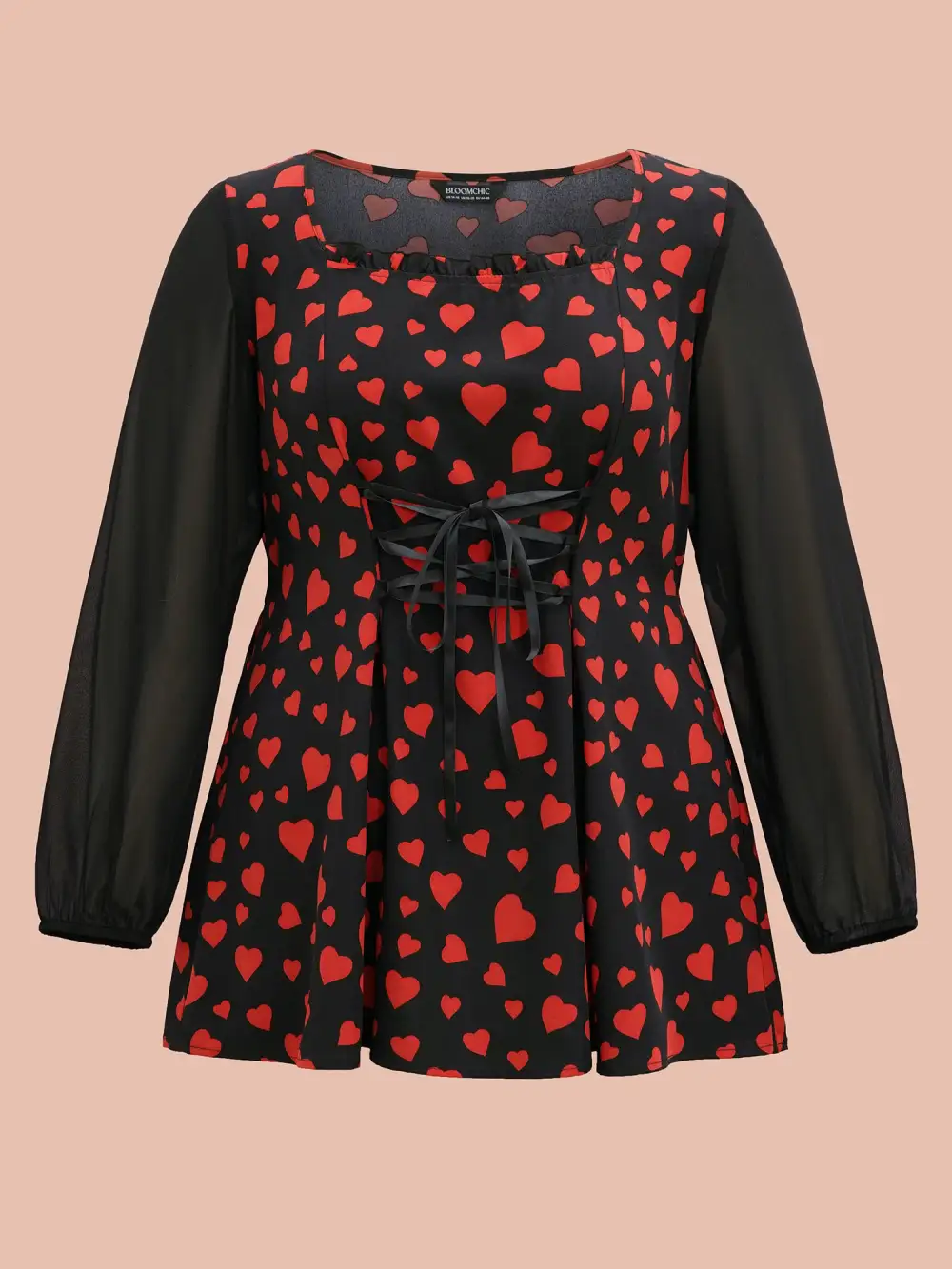 Heart Print Patchwork Waist-Tie Blouse