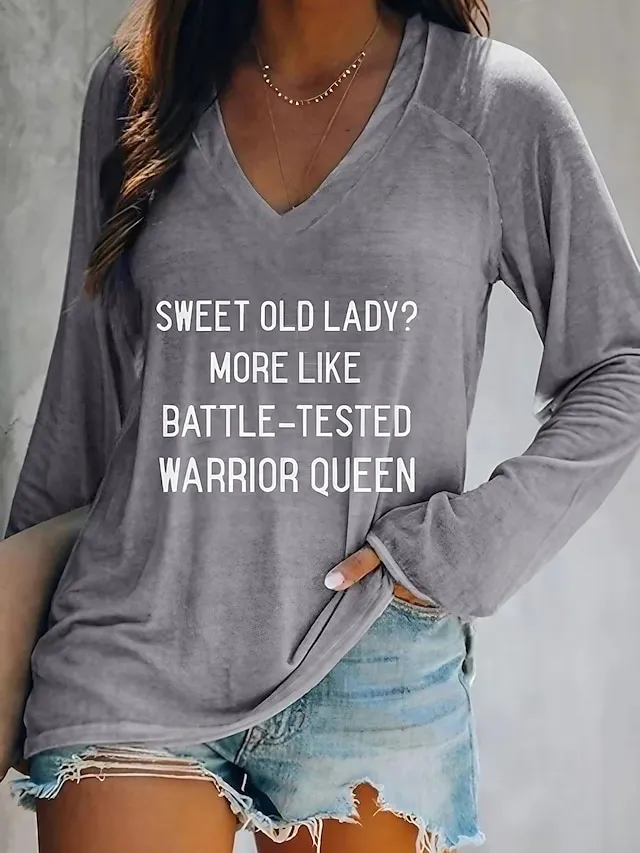 Women's T shirt Tee Gray Text Print Long Sleeve Daily Weekend Basic V Neck Regular Fit Painting Fall & Winter