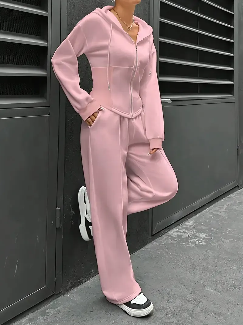 [All Seasons Polyester Hooded Tracksuit] Women'S Elegant Solid Color Polyester Hooded Tracksuit Set with Drawstring and Zipper Details – Knit Fabric Pantsuit for All Seasons