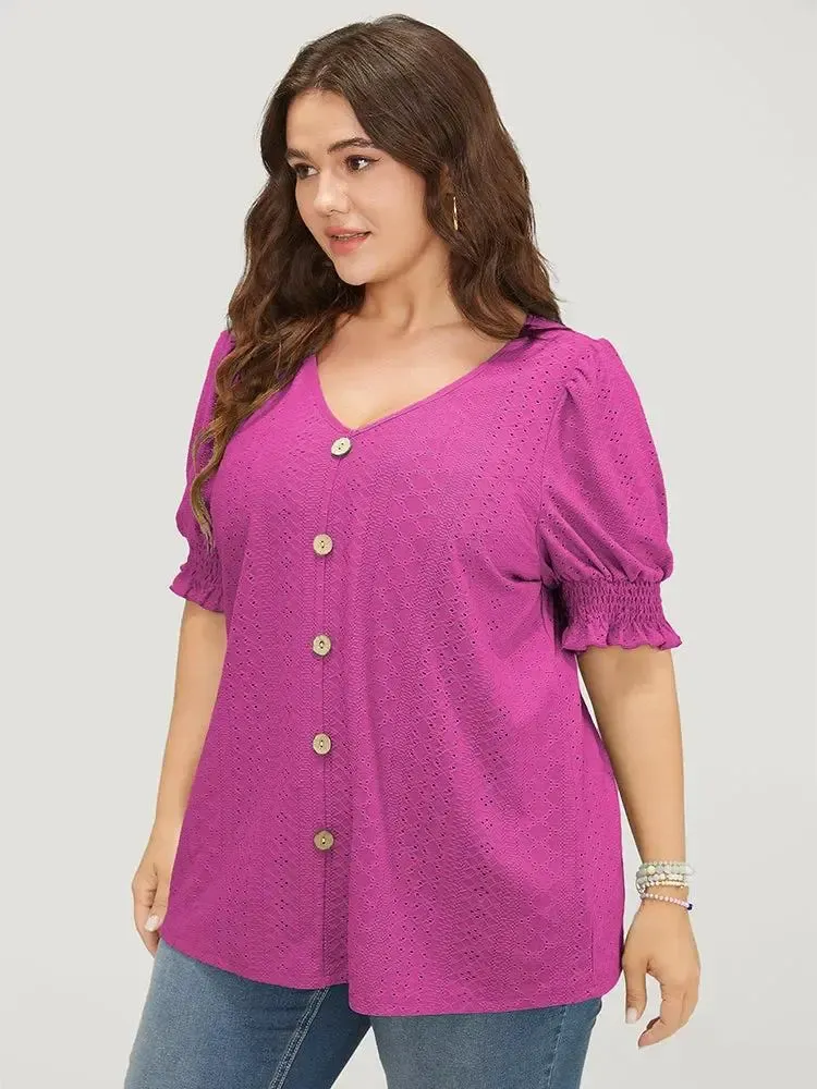 Plain Broderie Anglaise Shirred Puff Sleeve Button Detail T-shirt