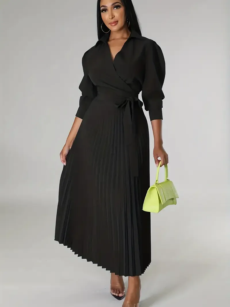Elegant 3/4 Sleeve Solid Pleated Dress