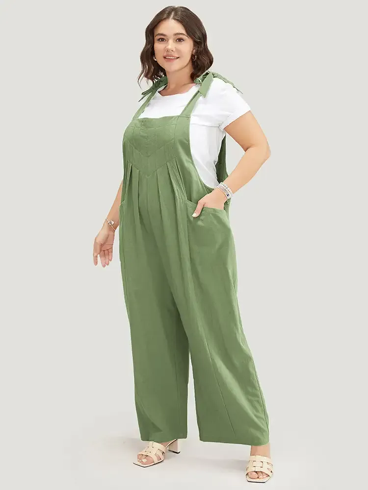 Solid Pleated Detail Pocket Knotted Shoulder Overall Jumpsuit