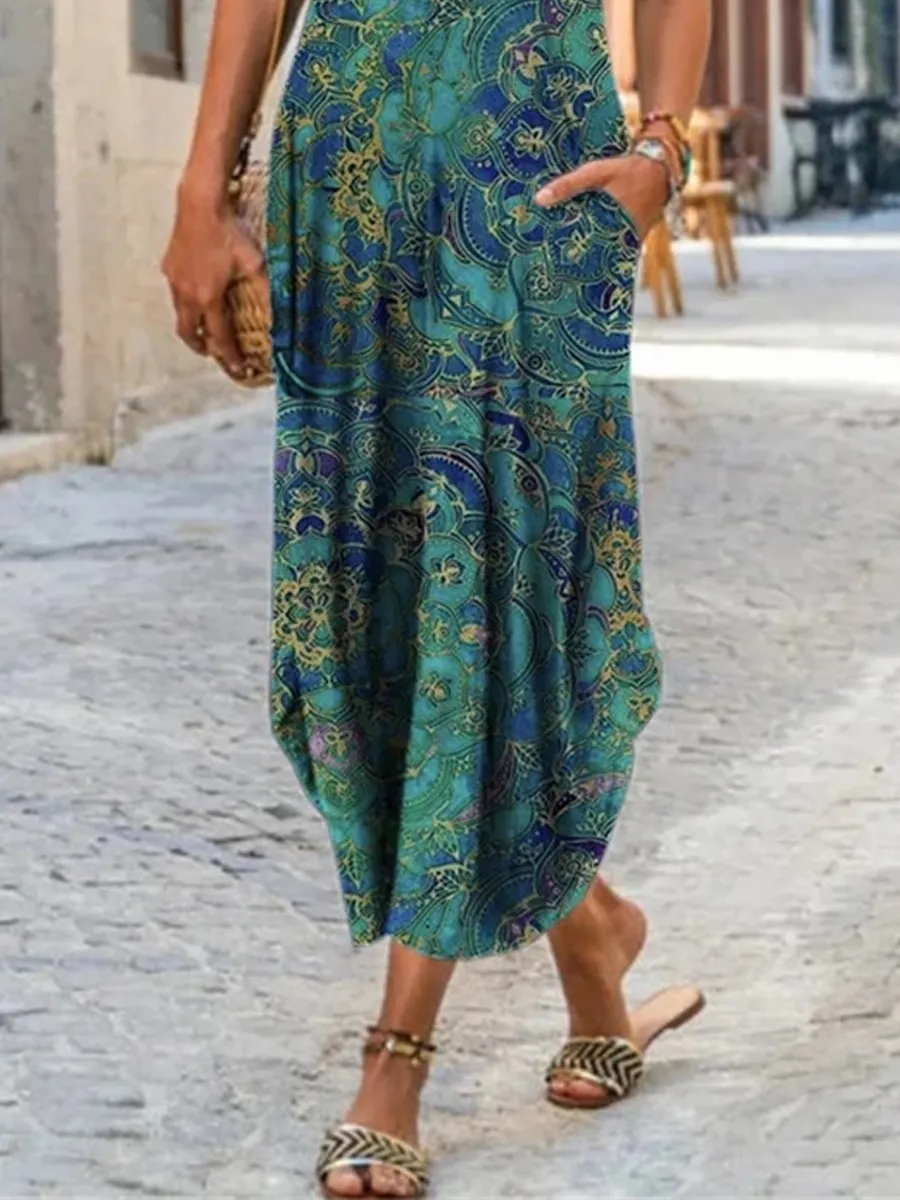 Vintage Print Cotton-Blend Short Sleeve Maxi Dresses
