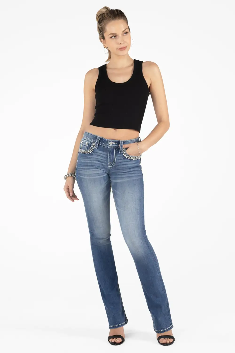 Gold Floral Stitch Border Bootcut Denim