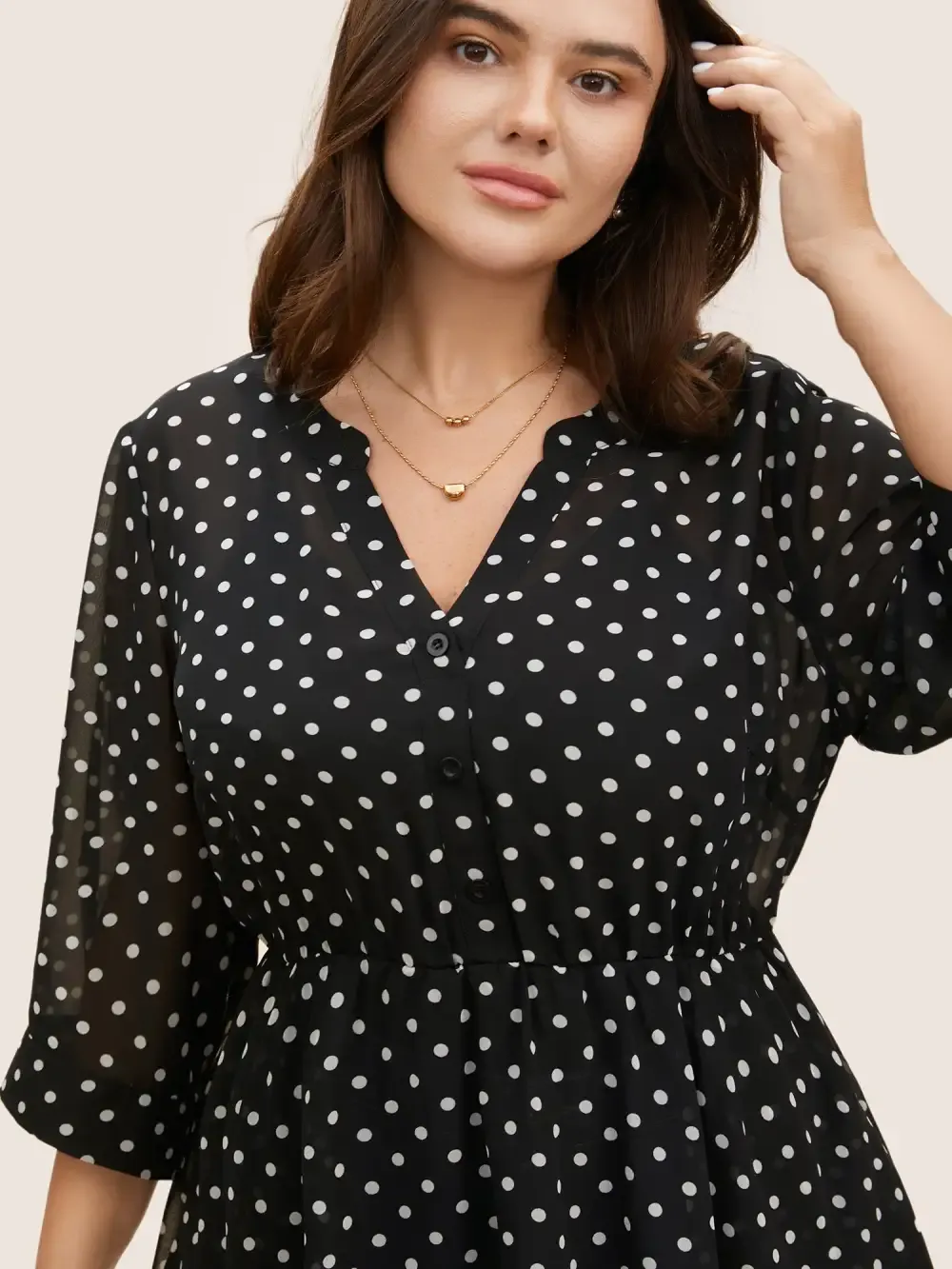 Chiffon Polka Dot Button Detail Blouse