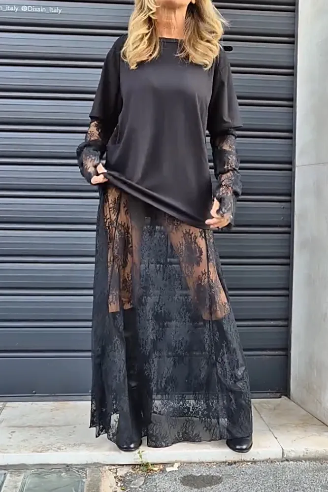 Women's fashion lace patchwork round neck T-shirt dress