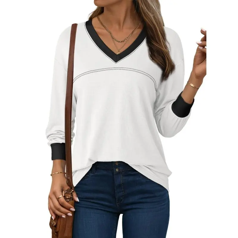 Women Blouses Dressy Casual Long Sleeve Shirts V Neck Color Block Tops Fall Outfits 2025