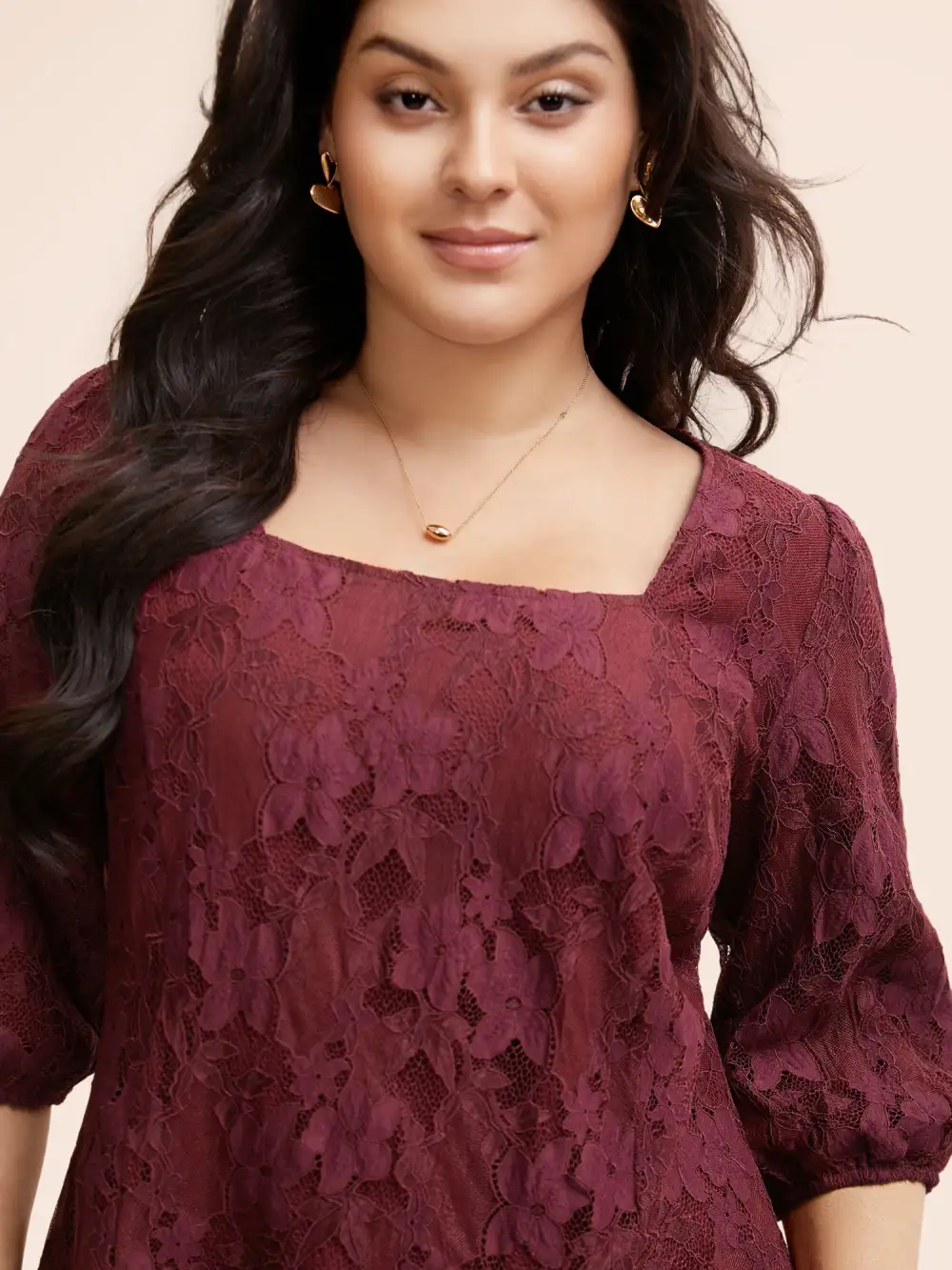 Square Neck Lace Panel Lantern Sleeve Blouse