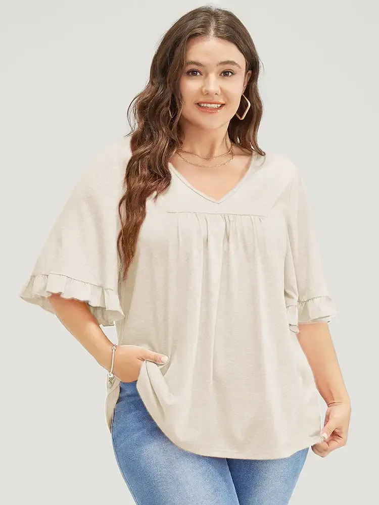 Solid Gathered Ruffle Trim Flounce Sleeve T-shirt