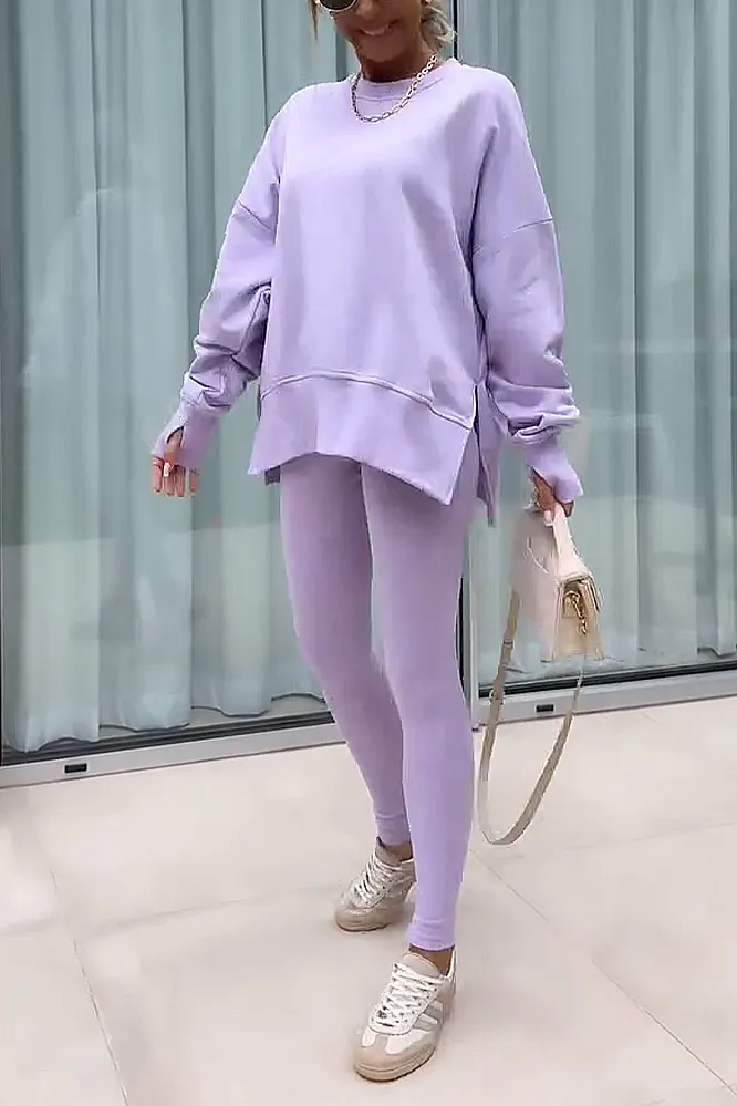 Women's solid color round neck top and pants two-piece set