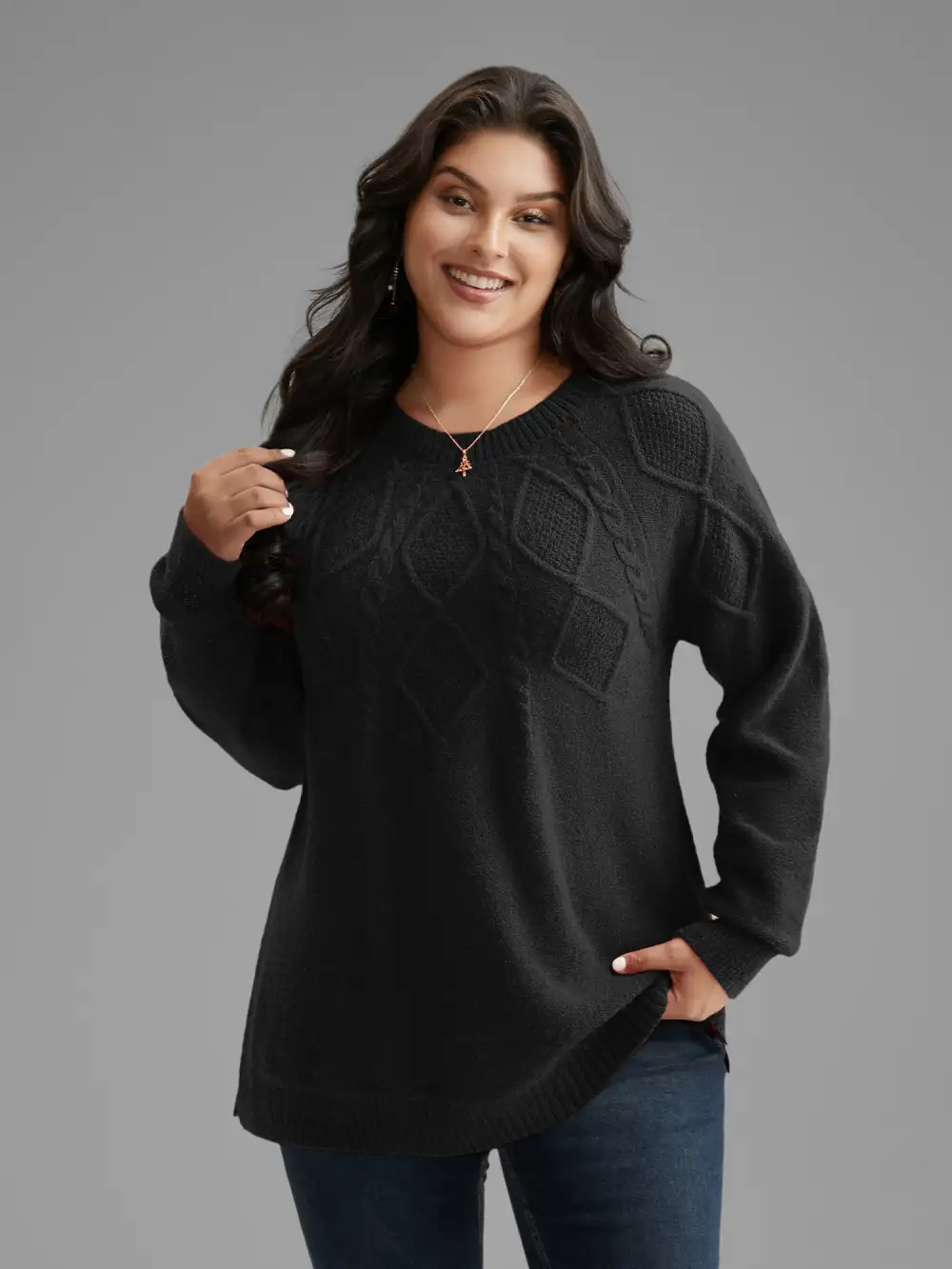 Cable Knit Bodice Crew-Neck Pullover