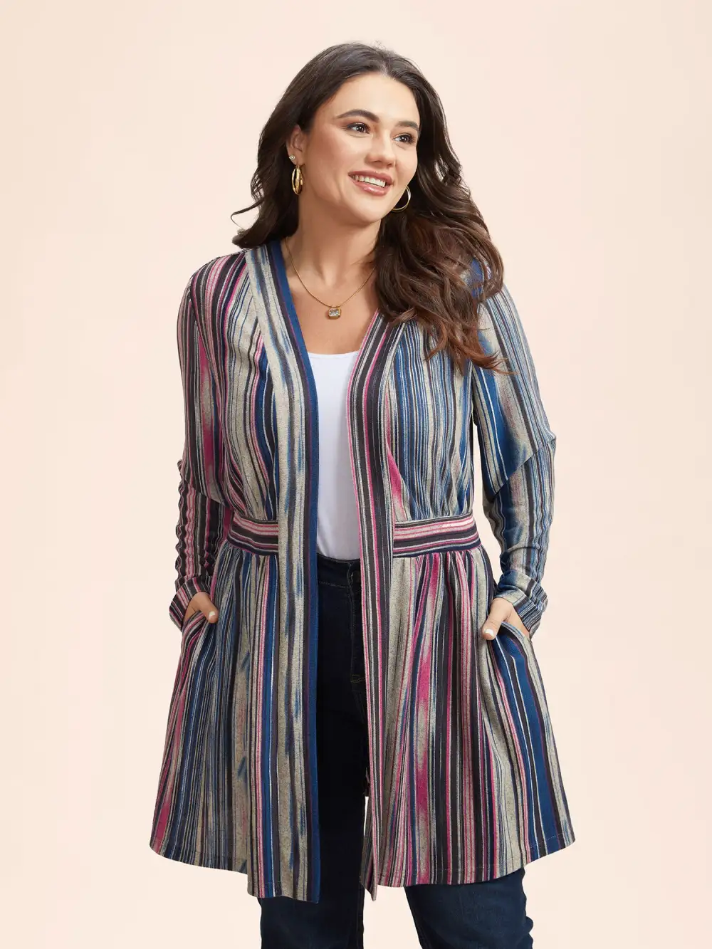 Colored Striped Open Front Waist Defining Jacket